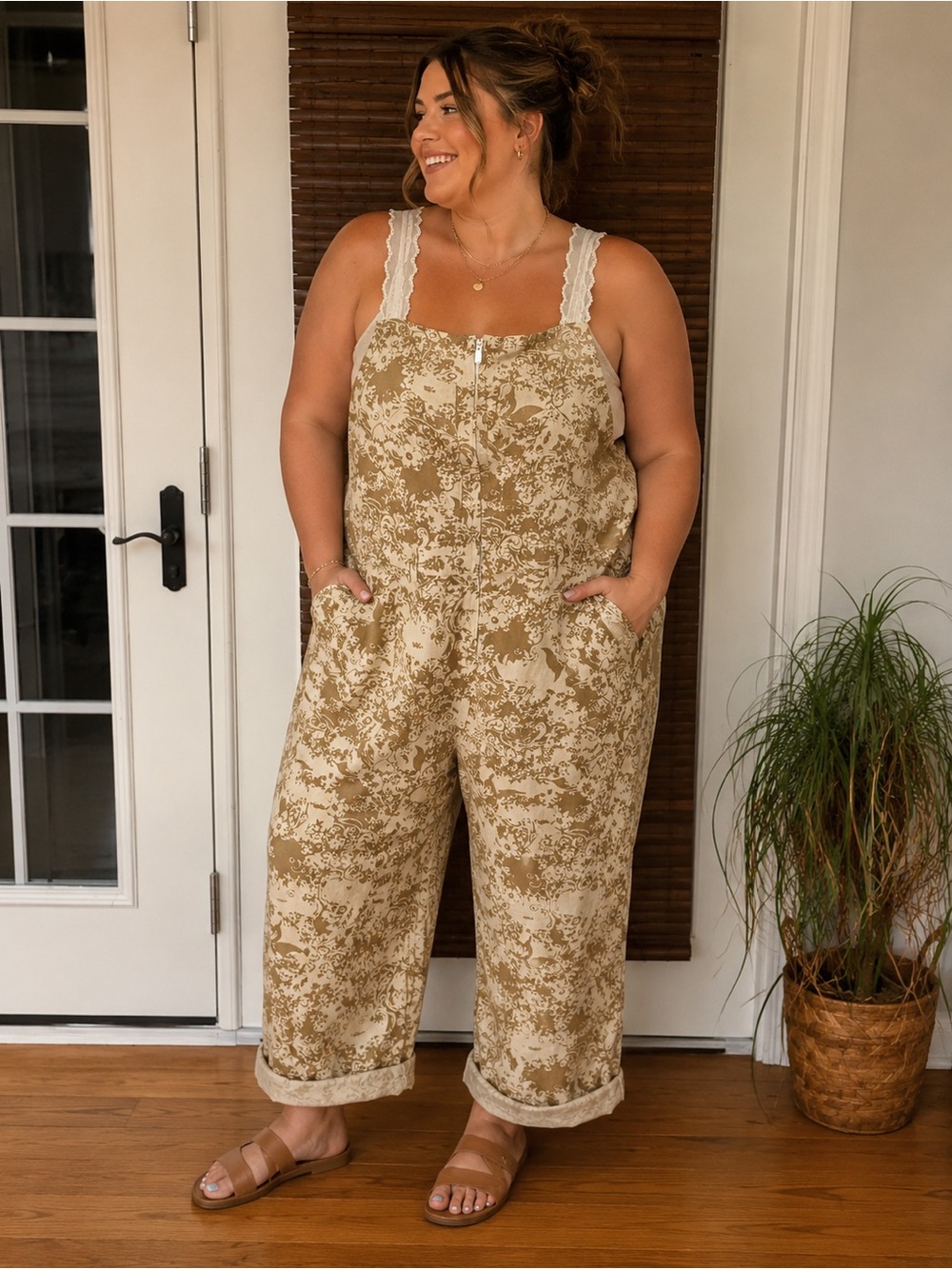 Kori Beige Floral Strap Linen Jumpsuit